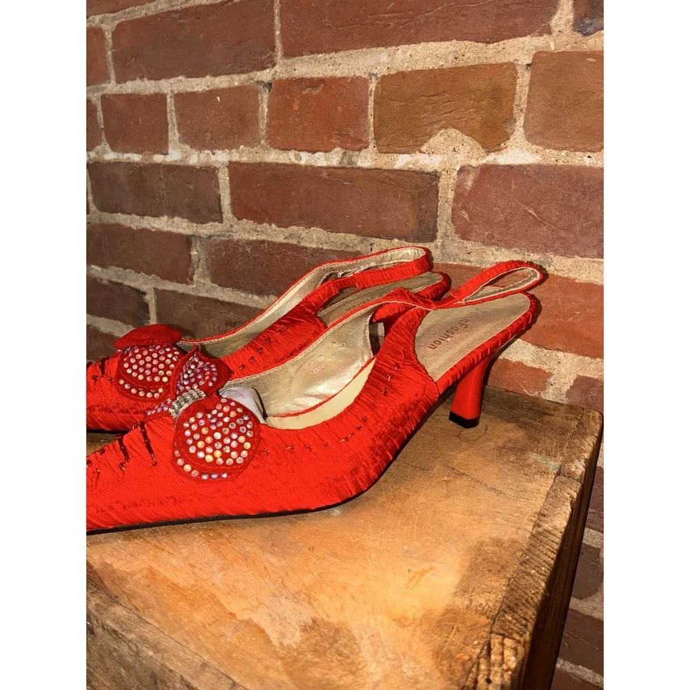 John Fashion‎ Red Rhinestone Pointed Toe Bow Slingback Heels Women's 9